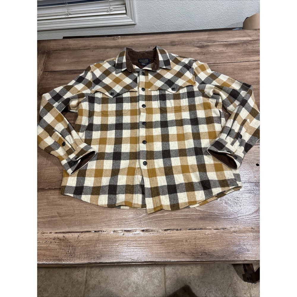 PENDLETON Boys Youth Sz XLFlannel Shirt Beige Plaid Virgin Wool Western Cut